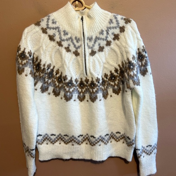 And Now This Nordic Fair Isle Quarter Zip Sweater Women’s Size Large Mock Neck - Picture 1 of 5
